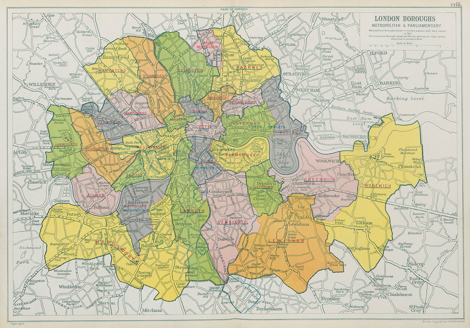 LONDON BOROUGHS. Metropolitan & Parliamentary. Constituencies. BACON 1913 map